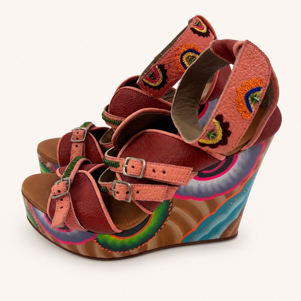 Meher Kakalia EU 40 Hand Painted Platform Wedge Sandals Embroidered Leather Boho